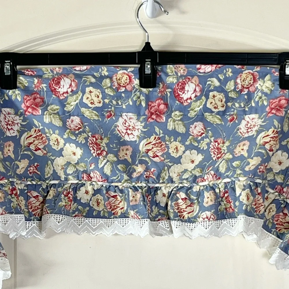 Vintage Waverly Garden Room Heritage Valance Blue Floral White Lace 60x11